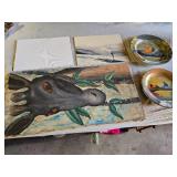 Lot of Art Pieces Including Paintings and Painted Plates