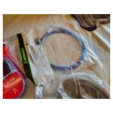 Various audio, video, and network cables, including RCA stereo audio cables, CAT6 network cables, VGA extension cables, USB printer cables, and more.
