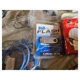 Assorted Electronics and Accessories including USB 2.0 Printer Cable, Mini FM Scanner Radio, and 8GB Flash Drive