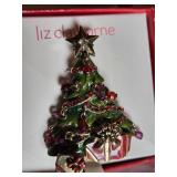 Liz Claiborne Holiday Brooch Set Including Christmas Tree, Bow, and Poinsettia Designs