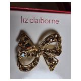 Liz Claiborne Holiday Brooch Set Including Christmas Tree, Bow, and Poinsettia Designs