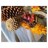 Lot of Decorative Fall and Holiday Items including Large Pine Cones, Baskets, and Floral Arrangements