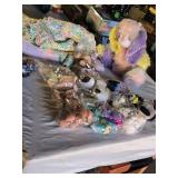 Pastel Plush Bunny, Crocheted Blanket, and Assorted Stuffed Toys