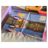 Lot of Puzzle and Toy Items including Skip-It, Bingo Bottle Stand, and Jigsaw Puzzles