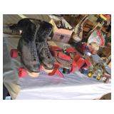 Vintage Roller Skates, Ice Skates, Box of Skateboard Parts