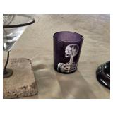 Decorative Halloween Skull and Feather Decor Set including Skeleton Candle Holder, Sugar Skull Stand, and Glass Bowl