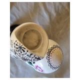 Decorative Halloween Skull and Feather Decor Set including Skeleton Candle Holder, Sugar Skull Stand, and Glass Bowl