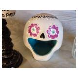 Decorative Halloween Skull and Feather Decor Set including Skeleton Candle Holder, Sugar Skull Stand, and Glass Bowl