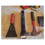 Lot of Tools and Hardware Items including Stanley Tape Measure, Hammer, and Flashlight