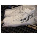 PINK White High-Top Canvas Sneakers Size M - Hole in Sole Display Pair