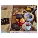 Assorted Decorative and Collectible Items in Box such as a ceramic lucky cat, glass dishes, a vintage-style trinket box, and small figurines