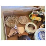 Assorted Decorative and Collectible Items in Box such as a ceramic lucky cat, glass dishes, a vintage-style trinket box, and small figurines