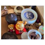 Assorted Decorative and Collectible Items in Box such as a ceramic lucky cat, glass dishes, a vintage-style trinket box, and small figurines
