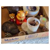 Assorted Decorative and Collectible Items in Box such as a ceramic lucky cat, glass dishes, a vintage-style trinket box, and small figurines