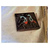 Assorted Decorative and Collectible Items in Box such as a ceramic lucky cat, glass dishes, a vintage-style trinket box, and small figurines