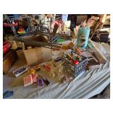 Assorted Office and Craft Supplies including Giant Pencil Decor, Cable Organizer, Glue Stic Foam Cushion Roll, and Miscellaneous Tools