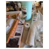 Assorted Office and Craft Supplies including Giant Pencil Decor, Cable Organizer, Glue Stic Foam Cushion Roll, and Miscellaneous Tools