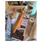 Assorted Office and Craft Supplies including Giant Pencil Decor, Cable Organizer, Glue Stic Foam Cushion Roll, and Miscellaneous Tools