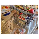 Assorted Office and Craft Supplies including Giant Pencil Decor, Cable Organizer, Glue Stic Foam Cushion Roll, and Miscellaneous Tools