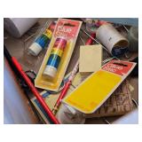 Assorted Office and Craft Supplies including Giant Pencil Decor, Cable Organizer, Glue Stic Foam Cushion Roll, and Miscellaneous Tools