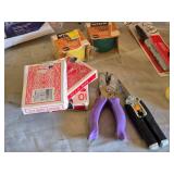 Assorted Office and Craft Supplies including Giant Pencil Decor, Cable Organizer, Glue Stic Foam Cushion Roll, and Miscellaneous Tools