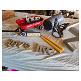 Small Radio Flyer Wagon, Decorative Items, and Accessories including Believe Sign, Metal Butterfly, and Foam Roller