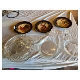 Vintage Decorative Plates and Glassware Set including Rooster Plates, Crystal Candle Holders, and Clear Glass Dishes