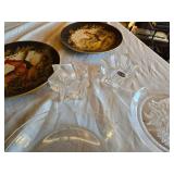 Vintage Decorative Plates and Glassware Set including Rooster Plates, Crystal Candle Holders, and Clear Glass Dishes