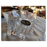 Vintage Decorative Plates and Glassware Set including Rooster Plates, Crystal Candle Holders, and Clear Glass Dishes