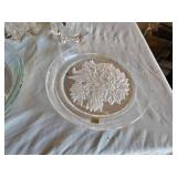 Vintage Decorative Plates and Glassware Set including Rooster Plates, Crystal Candle Holders, and Clear Glass Dishes