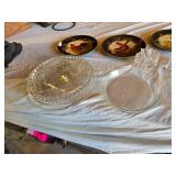 Vintage Decorative Plates and Glassware Set including Rooster Plates, Crystal Candle Holders, and Clear Glass Dishes