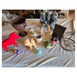 Assorted Decorative Figurines and Collectibles Lot including Bird Cage, Horse, Frog Sculpture, and More
