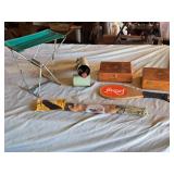Vintage Jocari Paddle Wing Flapper Kite, Ashton Cigar Boxes, Camping Stool, and Old Flares