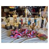 Collection of Trophies and Medals Including Bowling and Chess