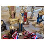 Collection of Trophies and Medals Including Bowling and Chess