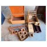 Mixed wood and decor items including wooden boxes, shelves, and a coat rack
