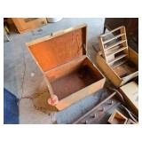 Mixed wood and decor items including wooden boxes, shelves, and a coat rack