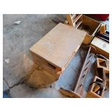 Mixed wood and decor items including wooden boxes, shelves, and a coat rack