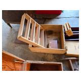 Mixed wood and decor items including wooden boxes, shelves, and a coat rack