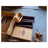 Mixed wood and decor items including wooden boxes, shelves, and a coat rack