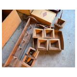 Mixed wood and decor items including wooden boxes, shelves, and a coat rack