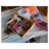 Box of Mixed Hardware and Tools including Gibraltar Mailbox Flag Kit, Hinges, and Socket Set