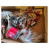 Box of Mixed Hardware and Tools including Gibraltar Mailbox Flag Kit, Hinges, and Socket Set