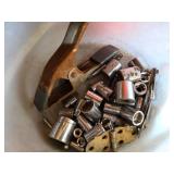 Box of Mixed Hardware and Tools including Gibraltar Mailbox Flag Kit, Hinges, and Socket Set