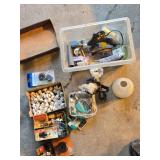 Assorted Hardware and Tools Lot including Porcelain Furniture Knobs, Black & Decker Trimmer Spool, and Various Accessories