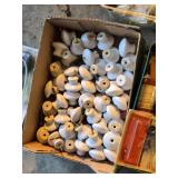 Assorted Hardware and Tools Lot including Porcelain Furniture Knobs, Black & Decker Trimmer Spool, and Various Accessories