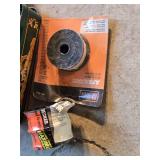 Assorted Hardware and Tools Lot including Porcelain Furniture Knobs, Black & Decker Trimmer Spool, and Various Accessories