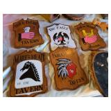 Collection of Vintage Style Tavern Signs and Home Decor Items including Wood Plaques and Engravings