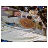 Decorative Household Items Including Wooden Tray and Carousel, Remote, and Keychains