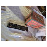 Decorative Household Items Including Wooden Tray and Carousel, Remote, and Keychains